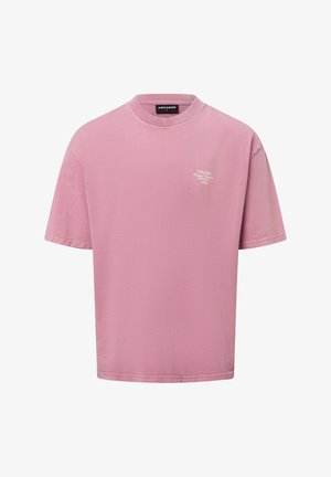 Rosa Kurzarm-T-Shirt aus Baumwolle, mit Rundhalsausschnitt und kleinem weißen Logo auf der Brust, mit einer glatten Textur.