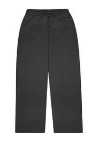 Schwarze Sweatpants mit entspannter Passform, elastischem Bund und einer einzigen Gesäßtasche. Glatte Textur, gerade Beine, keine sichtbaren Muster.