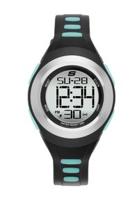 Orologio sportivo digitale con cinturino in gomma nera, ghiera argentata e dettagli in turchese. Caratterizzato da un grande display che mostra l'ora e la data, resistente all'acqua fino a 50 m.