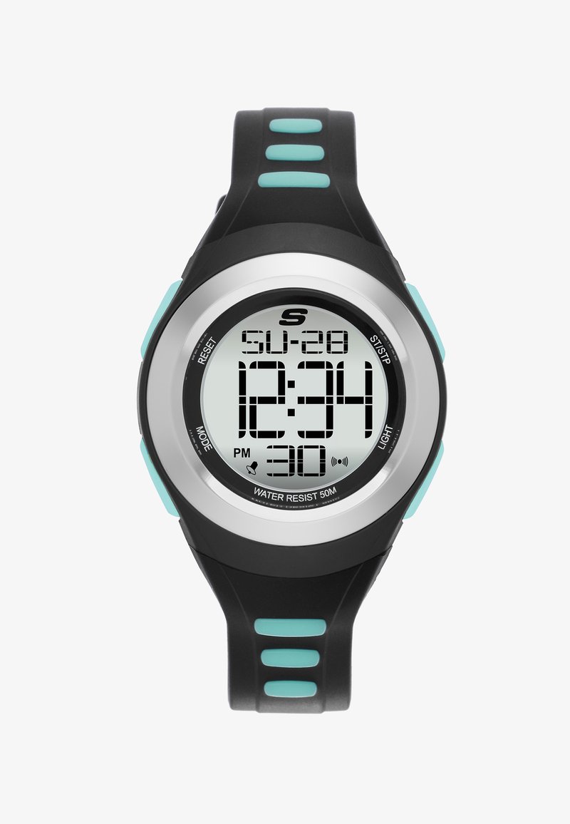 Orologio sportivo digitale con cinturino in gomma nera, ghiera argentata e dettagli in turchese. Caratterizzato da un grande display che mostra l'ora e la data, resistente all'acqua fino a 50 m.