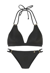 Black bikini set featuring a triangular top with adjustable ties and gold hardware, and a matching bottom with side clips and a smooth texture.