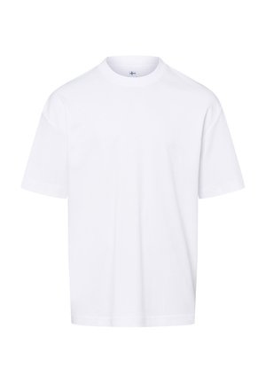 Weißes kurzärmliges T-Shirt aus weicher Baumwolle. Hat einen runden Halsausschnitt und eine lockere Passform, ohne Muster oder Akzente.