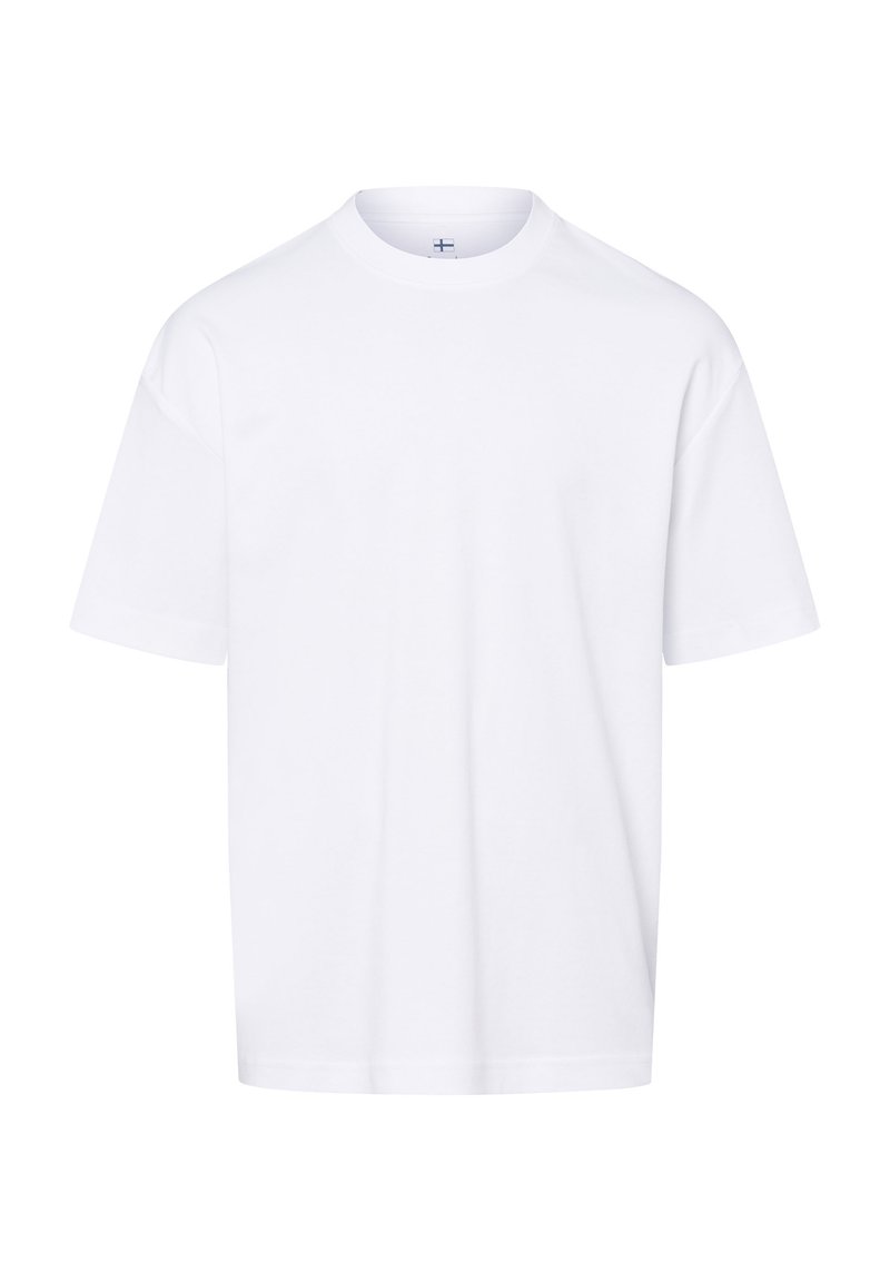 Weißes kurzärmliges T-Shirt aus weicher Baumwolle. Hat einen runden Halsausschnitt und eine lockere Passform, ohne Muster oder Akzente.