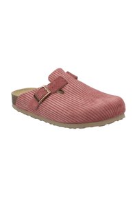 Buty w stylu klompen z fakturowanej czerwonej zamszowej skórki, z szerokim paskiem z metalowym zapięciem oraz wygodną, formowaną wkładką.