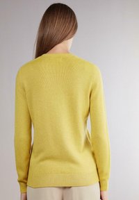 Femme aux longs cheveux bruns portant un pull en maille jaune uni et un pantalon beige, debout devant un fond gris clair uni.