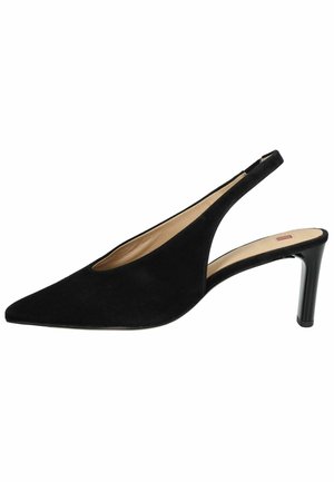 Black suede slingback pump with pointed toe, open sides, and a slender high heel. Smooth inner lining and minimal hardware details.
