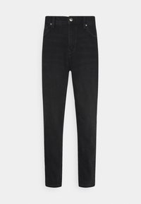 Jeans de mezclilla negra con un corte ajustado, que cuentan con un cierre de botón, diseño de cinco bolsillos y detalles de costura sutiles en las costuras.