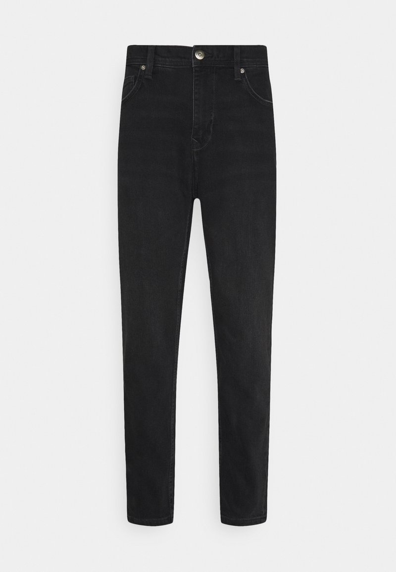 Jeans de mezclilla negra con un corte ajustado, que cuentan con un cierre de botón, diseño de cinco bolsillos y detalles de costura sutiles en las costuras.