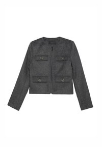Szara krótka kurtka z mieszanki wełny, z zamkiem błyskawicznym z przodu, dwoma kieszeniami na piersi z dekoracyjnymi guzikami i okrągłym dekoltem.
