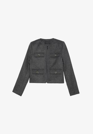 Grijze cropped jack van een wolmix, met een voorrits, twee borstzakken met decoratieve knopen en een ronde halslijn.