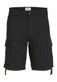 Shorts cargo noirs avec bouton et fermeture éclair à l'avant, passants pour ceinture, poches latérales à rabat et cordons ajustables à l'ourlet.