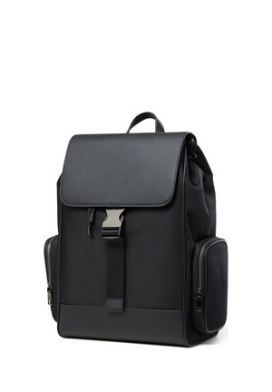 Black rectangular backpack with top flap, metal buckle, front strap, side zippered pockets, and a carry handle on white background.
