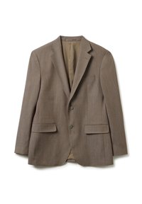 Blazer marrone in tessuto testurizzato con rever a punta, due tasche frontali e chiusura a due bottoni. Interno foderato con uno spacco singolo.