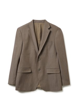 Blazer marron en tissu texturé avec des revers crantés, deux poches avant et fermeture à deux boutons. Intérieur doublé avec une fente unique.