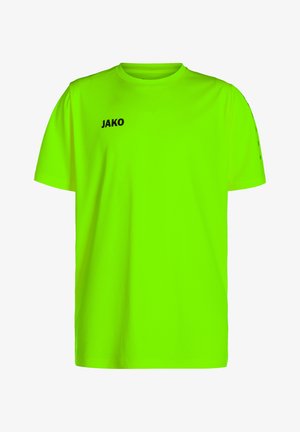 Neon-grünes T-Shirt mit kurzen Ärmeln und Rundhalsausschnitt. Besitzt ein schwarzes "JAKO"-Logo auf der Vorderseite und Akzentdetails an den Ärmeln. Weicher Stoff.