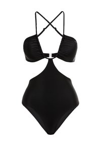 Fekete egyrészes bikini ráncolt toppal, keresztbe fűzött pántokkal és kivágással a deréknál. Simává finomított anyag, stílusos megjelenéssel és mérsékelt takarással.
