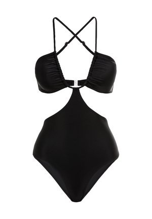 Schwarzer Badeanzug mit gerafftem Oberteil, überkreuzten Trägern und Cut-out an der Taille. Glattes Material mit glänzendem Finish und moderater Bedeckung.