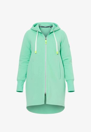 Langer mintgrüner Kapuzenjacke mit Reißverschluss, weißen Kordeln, gerippten Bündchen, Fronttaschen und einem leicht abgerundeten Saum.