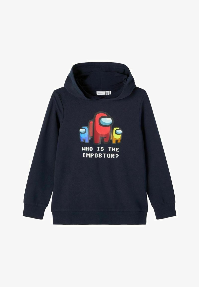 Sweat à capuche bleu marine avec des personnages rouges, bleus et jaunes d’un jeu vidéo et le texte « Who is the impostor ? » sur le devant.