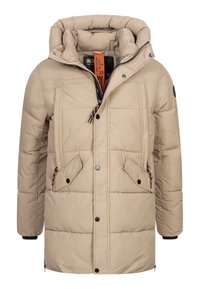 Veste d'hiver matelassée beige avec capuche, fermeture éclair et boutons-pression, deux poches avant zippées à rabat, et détails noirs aux poignets.
