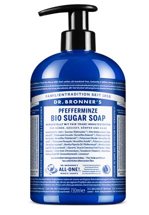 Dr. Bronner's blue pump bottle of peppermint organic sugar soap for hands, face, body, and hair, 710ml, with detailed ingredients and fair trade labels.