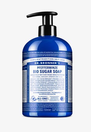 Dr. Bronner's blaue Pumpspender-Flasche mit Bio-Zuckerseife mit Pfefferminzduft für Hände, Gesicht, Körper und Haare, 710 ml, mit detaillierten Inhaltsstoffen und Fair-Trade-Labels.