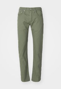 Oliivinvihreät suorat housut, joissa on etutaskut, vyölenkit ja nappisuljenta, valkoista taustaa vasten.