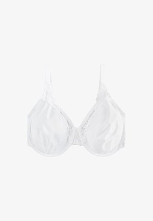 Weißer Bügel-BH mit Spitzenbesatz an Cups und Trägern, mit verstellbaren Schulterträgern und glatten Stoff-Cups.