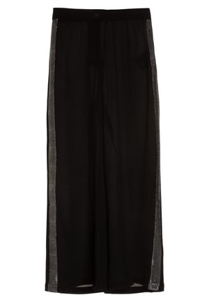 Sorte, gennemsigtige bukser med vide ben, elastisk linning og knaplukning, med et halvgennemsigtigt panel langs hver ben.