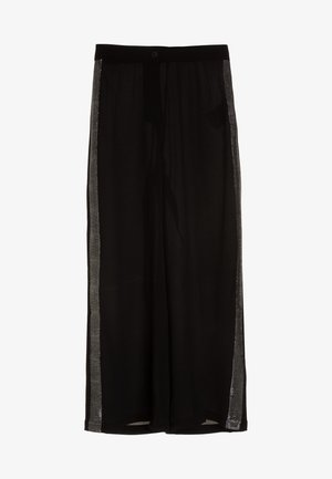 Black sheer wide-leg trousers with an elastic waistband and button closure, featuring a semi-transparent panel alongside each leg.