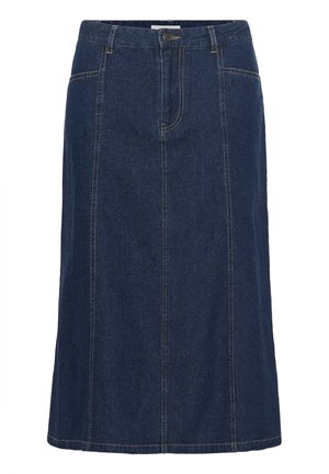 Denimrock in Dunkelblau mit geradem Schnitt, fünf Taschen, sichtbare Nähte und Knopfverschluss an der Taille. Mittellang.