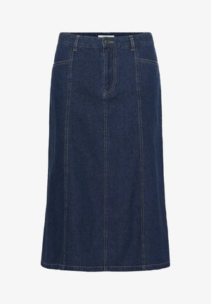 Tummansininen farkkuhame, jossa on suora muotoilu, viisi taskua, näkyvät tikkaukset ja nappikiinnitys vyötäröllä. Keskipituinen.