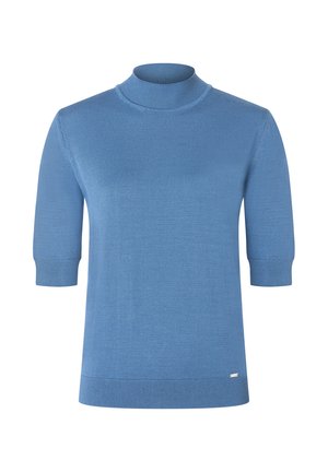 Blaues kurzärmeliges Turtleneck-Pullover aus Strickmaterial. Mit geripptem Kragen, Bündchen und Saum sowie einem kleinen Markenetikett am unteren Rand.