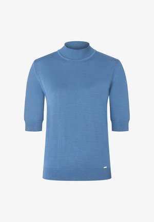 Blaues kurzärmeliges Turtleneck-Pullover aus Strickmaterial. Mit geripptem Kragen, Bündchen und Saum sowie einem kleinen Markenetikett am unteren Rand.