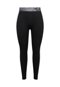 Zwarte legging met een gemêleerde grijze tailleband, voorzien van witte accenten aan de zijkanten en een gladde, rekbare stof die geschikt is voor sportkleding.