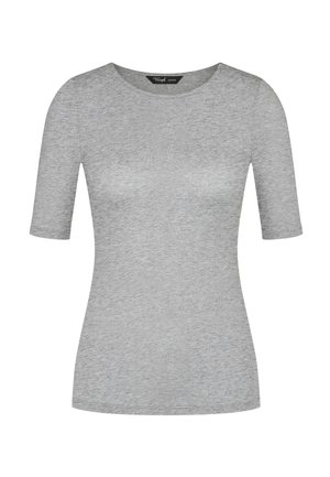 Camiseta de manga corta ajustada en gris jaspeado con cuello redondo y textura de tejido suave.