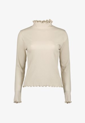 Cremfarbener Langarmoberteil mit geripptem Material und rüschenbesetztem Stehkragen, mit rüschenartigen Säumen an den Ärmeln und dem Saum.