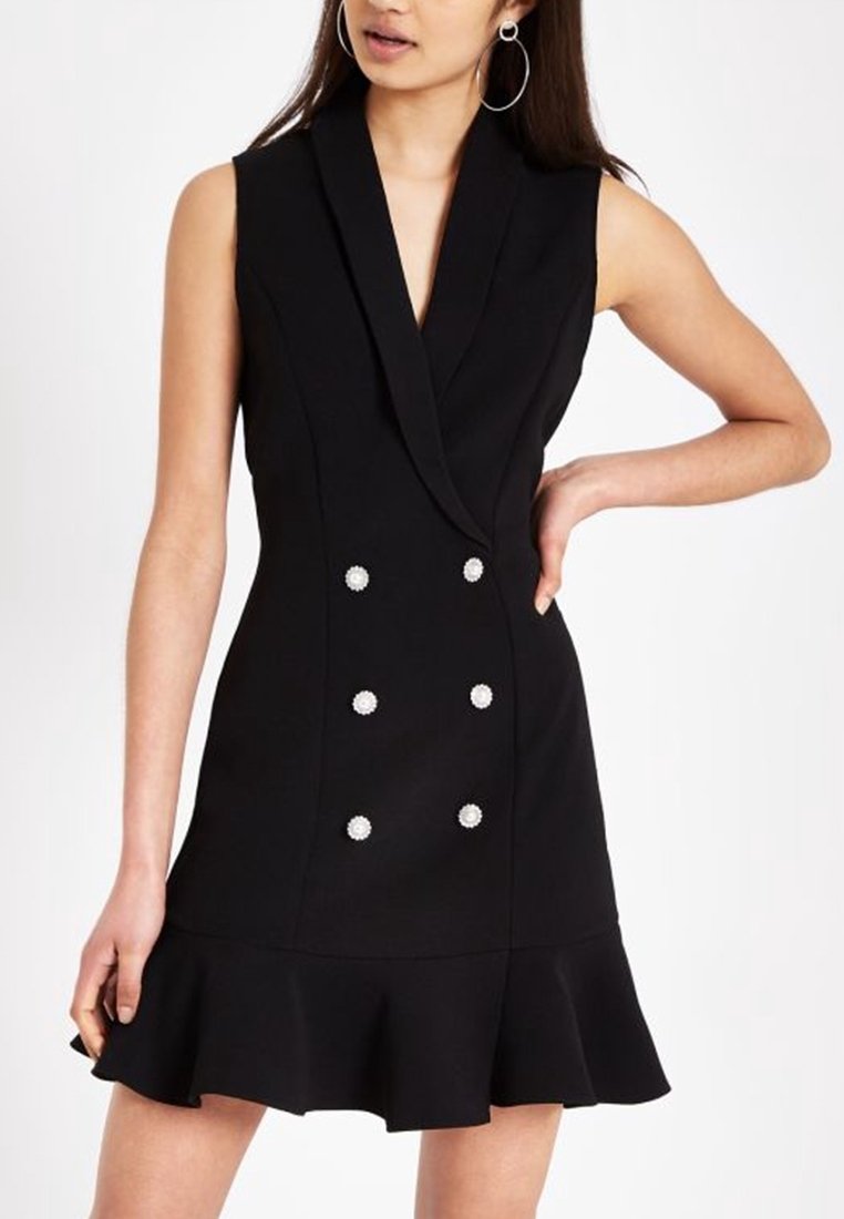 Svart ärmlös klänning med utsvängd nederdel, med en dubbelknäppt design och sex dekorativa pärlliknande knappar framtill.