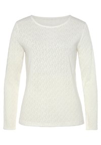 Weißer Langarmpullover mit strukturiertem Diamantmuster, Rundhalsausschnitt und leichtem Stoff. Weiches, atmungsaktives und lässiges Design.