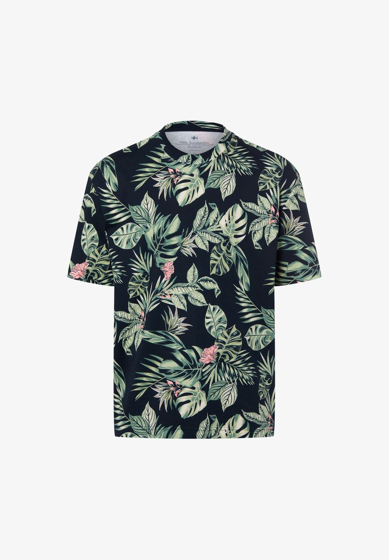 Czarna koszulka z krótkim rękawem z żywym wzorem tropikalnych liści w kolorze zielonym i różowym, wykonana z miękkiego materiału, z okrągłym dekoltem.