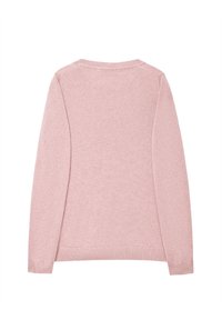 Vaaleanpunainen neulepaita, jossa on pitkät hihat, tekstuuri-neulosta, pyöreä kaula-aukko sekä ribbineulotut hihansuut ja helma. Yksinkertainen ja minimalistinen muotoilu.