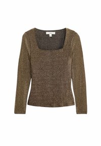 Camiseta de manga larga en bronce con escote cuadrado. La tela tiene una textura con un sutil acabado brillante, diseño ajustado y color sólido.