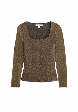 Camiseta de manga larga en bronce con escote cuadrado. La tela tiene una textura con un sutil acabado brillante, diseño ajustado y color sólido.