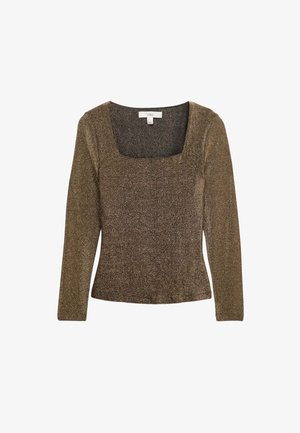 Brązowa bluzka z długim rękawem i kwadratowym dekoltem. Tkanina o fakturze z subtelnym błyszczącym wykończeniem, dopasowany krój i jednolity kolor.