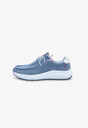 Blue denim sneakers with white sole, featuring a moccasin design, decorative stitching, and red accents on the eyelets and heel.
