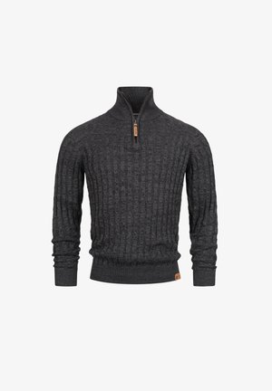 Grijze gebreide trui met een halve ritssluiting bij de kraag, geribbelde textuur en een klein logo-opdruk aan de zoom. Lange mouwen en een aansluitende tailleband.