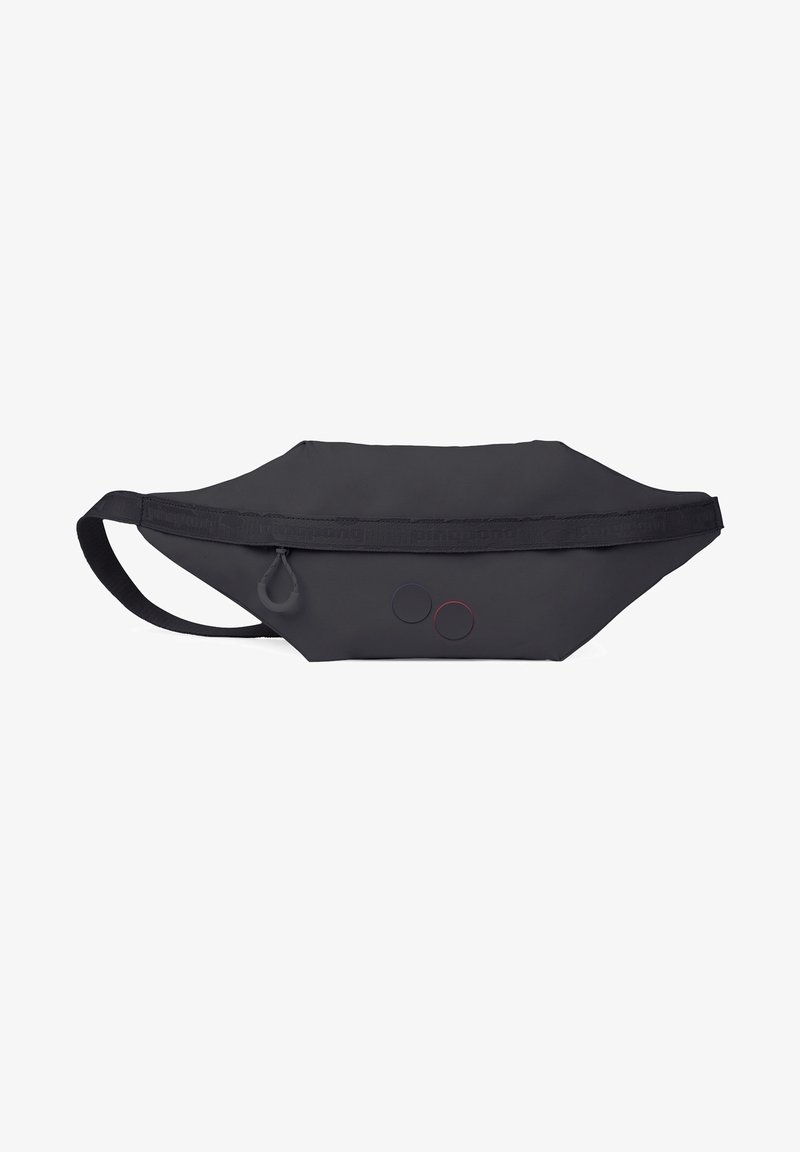 Sac banane noir avec fermeture zippée, sangle réglable et deux petits accents circulaires sur la face avant.