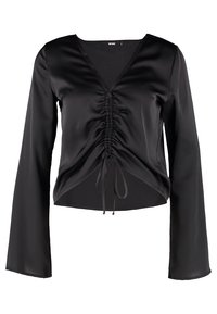 Blouse longue en satin noir à manches longues avec devant froncé et lien à nouer, encolure en V et poignets légèrement évasés.