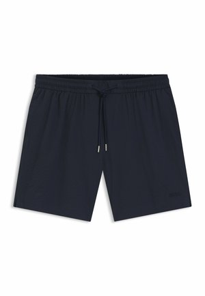 Zwart zwemshorts voor mannen met een elastische tailleband en verstelbaar trekkoord, tot halverwege de dij, van glad stof.