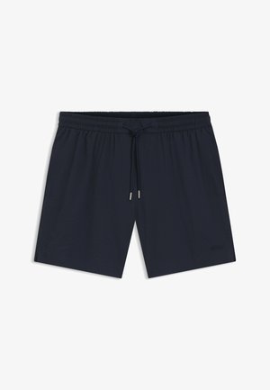 Zwart zwemshorts voor mannen met een elastische tailleband en verstelbaar trekkoord, tot halverwege de dij, van glad stof.
